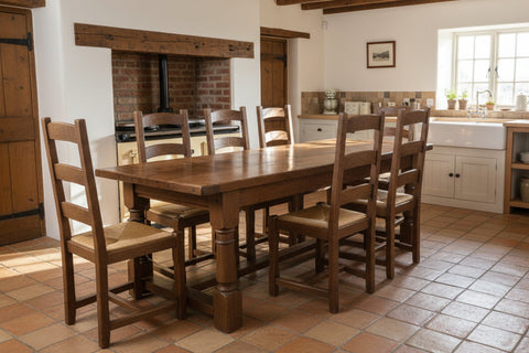 English oak refectory dining table with eight ladder back chairs in a farmhouse kitchen