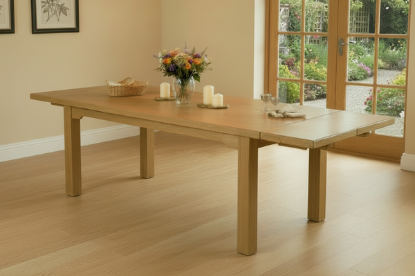 Extending oak refectory dining table in a dining room setting with upholstered chairs, a sideboard and views to the garden