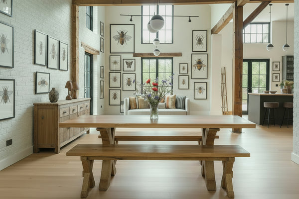 Handmade Moselle oak dining table with a cross leg base and matching benches in large dining room with artwork on the walls of British pollinators.