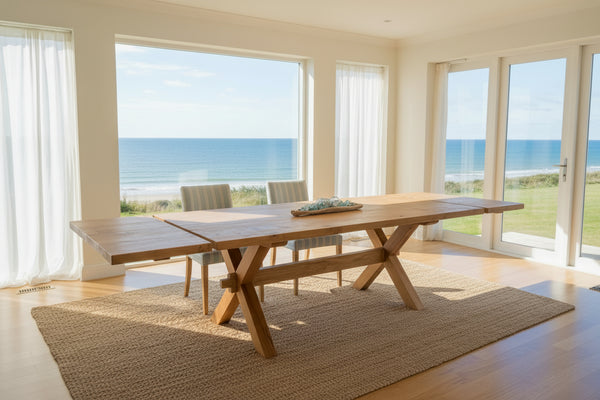 Sussex handmade cross leg oak table in room with sea views