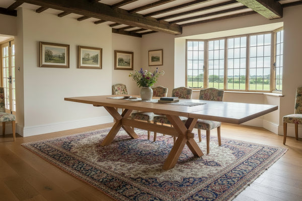 Sussex handmade oak cross leg dining table and upholstered dining chairs in Sussex country house dining room with beamed ceiling and large window