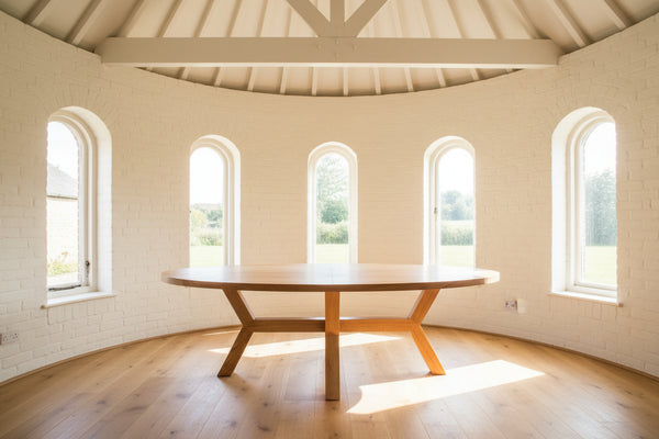 Contemporary Oval solid oak table with angled base in an oast house roundel dining room