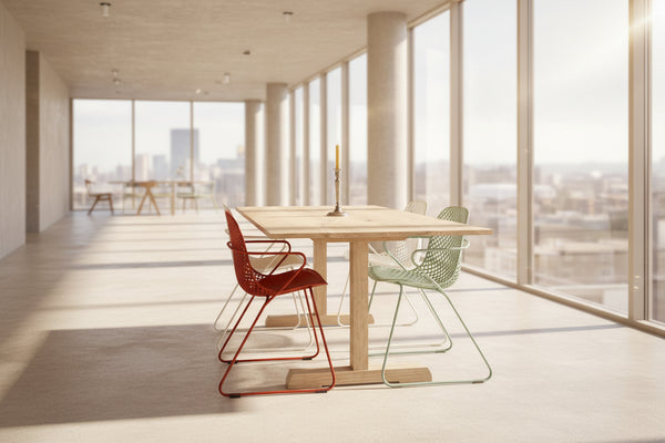 Wooden dining table with metal chairs in a contemporary room setting overlooking the city