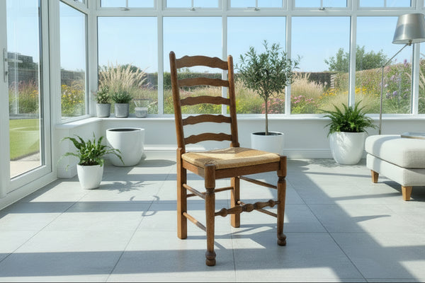 Wooden chair with woven seat in a conservatory