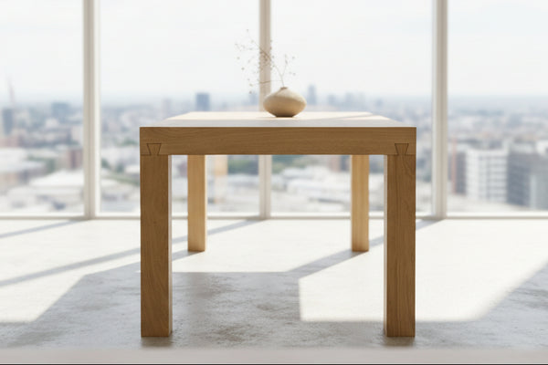 Tuscany terra fixed top oak dining table in a n apartment with large window overlooking the cityscape 