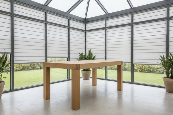 Tuscany Terra  dining table in a conservatory with blinds
