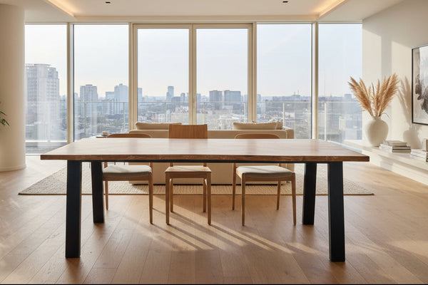 Waney Live edge dining table with handmade angled steel base by Country Ways Oak Furniture Makers in a penthouse apartment in London