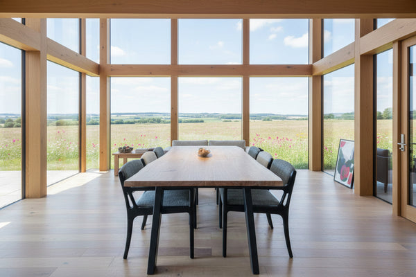 Handmade English Oak Dining Table with a powder coated steel base and a waney live edge oak top by Country Ways Oak Furniture Makers