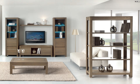 So oak TV unit with two cupboards and an open niche, featuring decorative aluminium inserts on the doors and feet