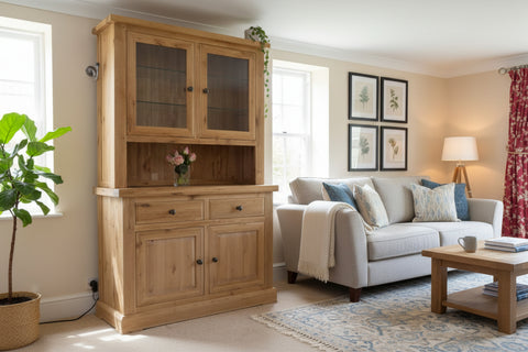 Solid oak 2 door oak dresser glazed top