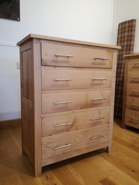 5 Drawer solid oak handmade chest of drawers