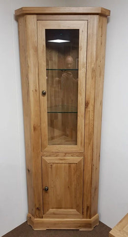 Oak 2 door corner display cabinet