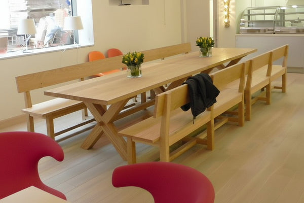 Cross Leg Oak Dining Tables and Benches handmade for Brighton College