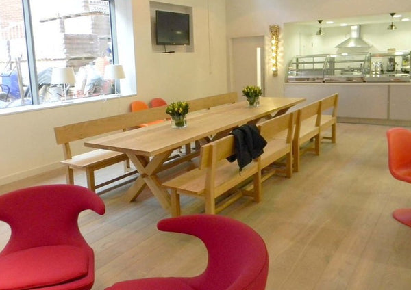 Cross Leg Oak Dining Tables and Benches handmade for Brighton College
