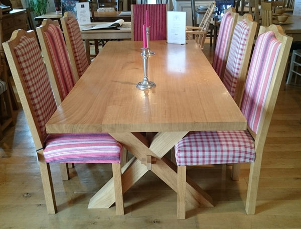 Handmade Cross Leg Oak Table with handmade fully upholstered Chairs