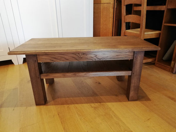 English Oak Planked Coffee Table With Square Chamfered Legs with higher shelf