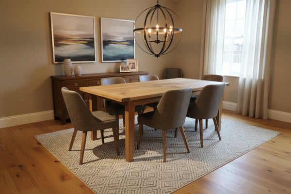 Upholstered tub chairs around an oak dining table