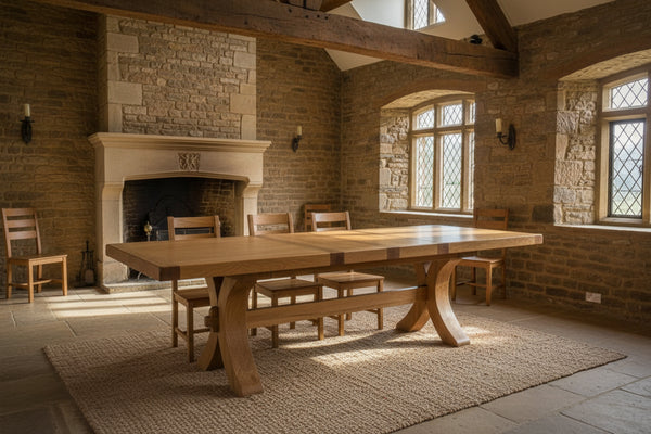 Moselle extending cross leg oak dining table extended with both leaves in a large stone and brick dining room