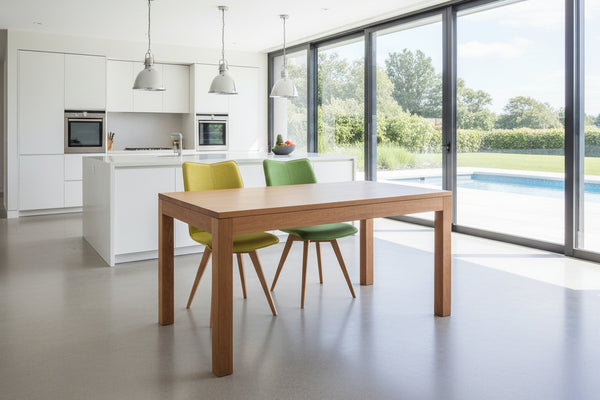 Handmade Lifestyle Oak Table with chairs in open plan kitchen with views of swimming pool