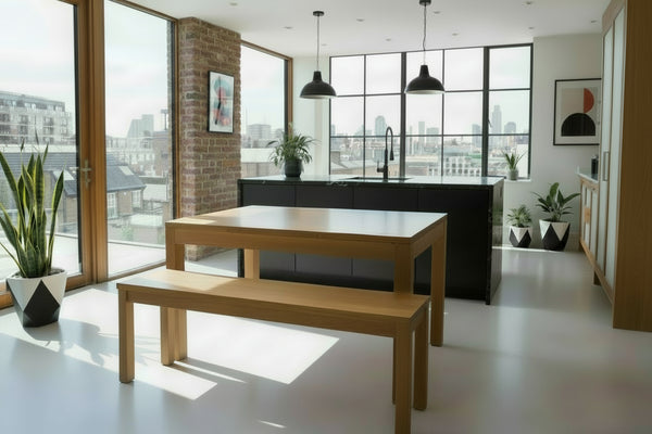 Lifestyle contemporary oak table side view in kitchen setting