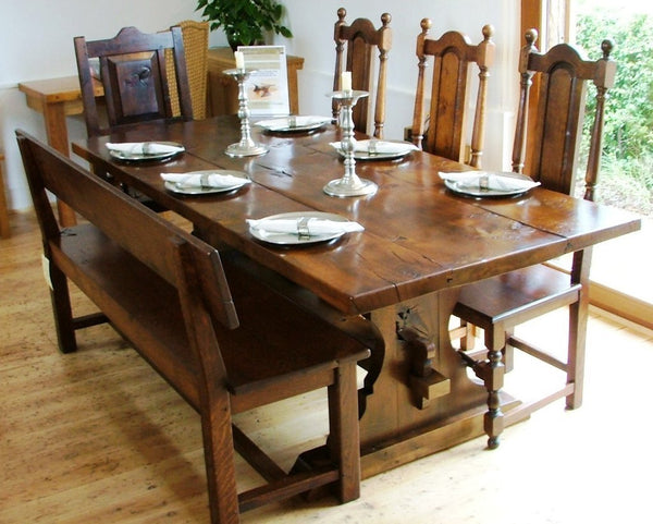 Lyre End Oak Table with chairs and bench