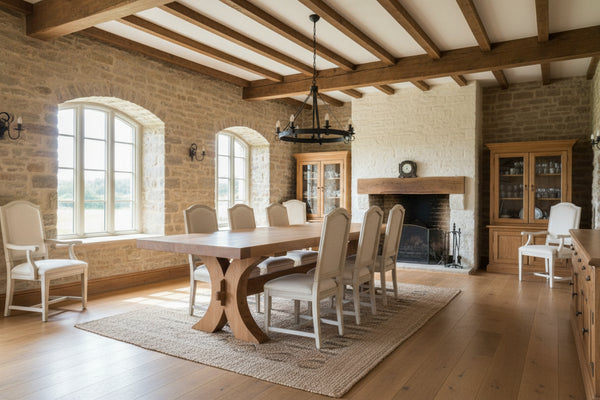 Moselle extending oak dining table with cross leg base in large dining room with upholstered chairs and other furniture