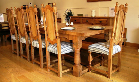 Refectory dining table with panel back chairs
