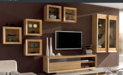 Wall fitted oak cube display unit with glass shelf