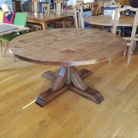 Swailes round oak dining table with braced pedestal