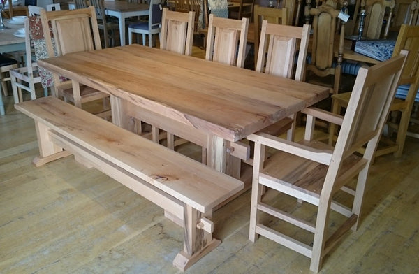 Trestle single pillar oak table bench and chair set