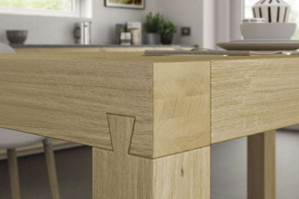Close-up of joint on terra oak extending dining table
