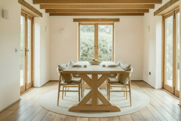 Cross braced oak dining table end view with chairs