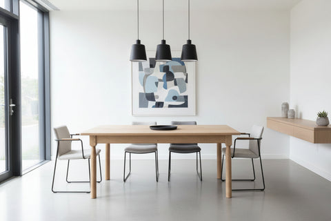 Sussex contemporary fine turned leg dining table in a modern white room with minimal furniture