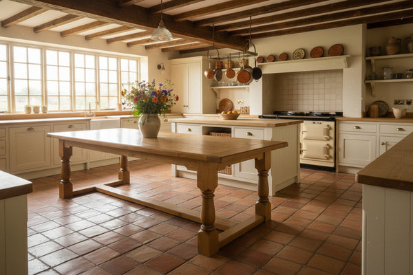 Handmade Oak Framed refectory table in a country kitchen with large vase of flowers