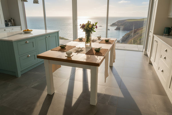 Boarded oak refectory dining table with painted base in a kitchen overlooking the sea