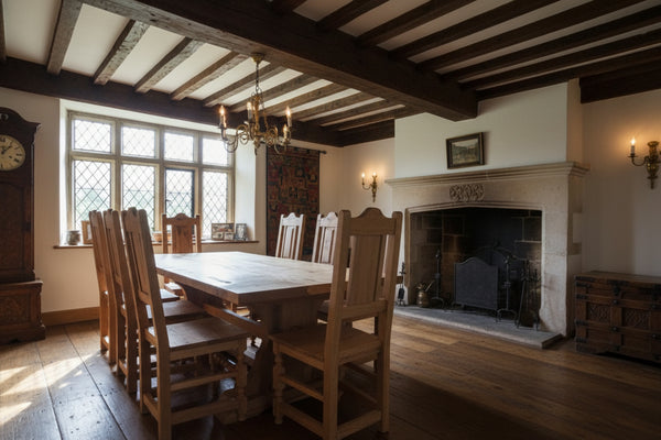 Lyre End oak table with handmade 17th century oak chairs