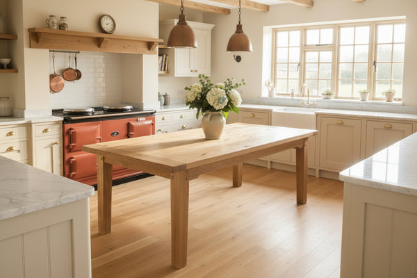 Handmade oak Sussex Farmhouse table in a kitchen with a red aga