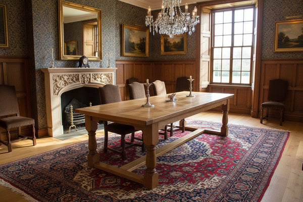 Handmade oak framed refectory dining table in a country house dining room with patterned rug and chandelier 