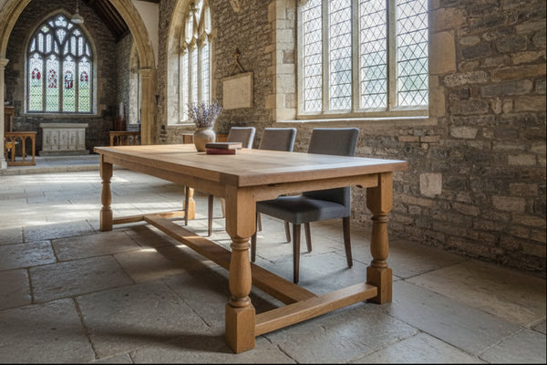 Oak framed refectory table in a converted church