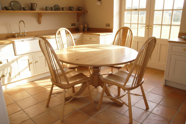 Round pedestal oak dining table with chair set in an English country kitchen