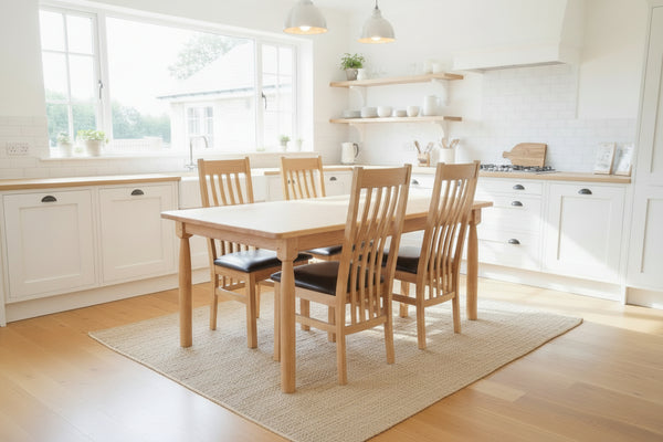 Sussex turned leg handmade Oak Table Dining Set in a modern farmhouse kitchen in Surrey