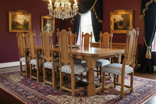 Handmade Sussex Refectory dining table with panel back chairs in a formal dining room
