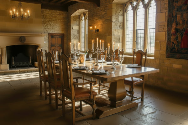 Twin Baluster oak dining table in a Medieval dining room with handmade oak panel back dining chairs