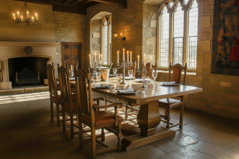 Twin Baluster oak dining table in a Medieval dining room with handmade oak panel back dining chairs