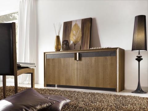 A contemporary oak sideboard with two sliding doors and glass inserts