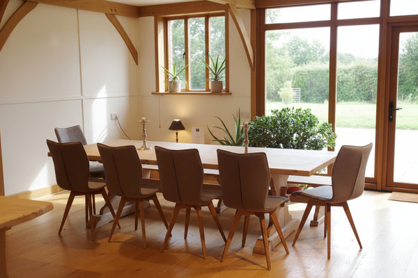 Lyre End oak table room set in oak framed dining room