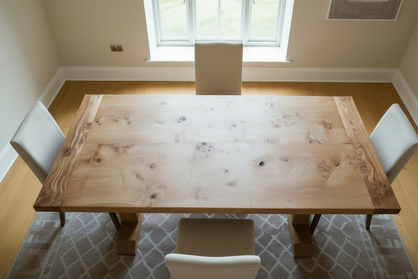 Handmade oak trestle pillar dining table two plank top