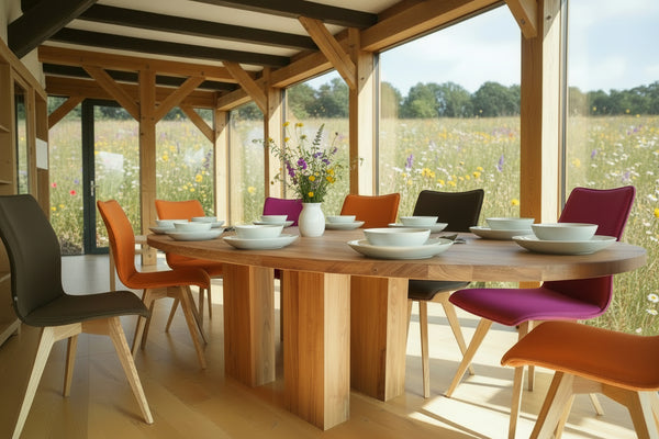 oval oak dining table with a set of colourful quadpod upholstered dining chairs in a sunny oak framed garden room with views over wild flowers in a meadow