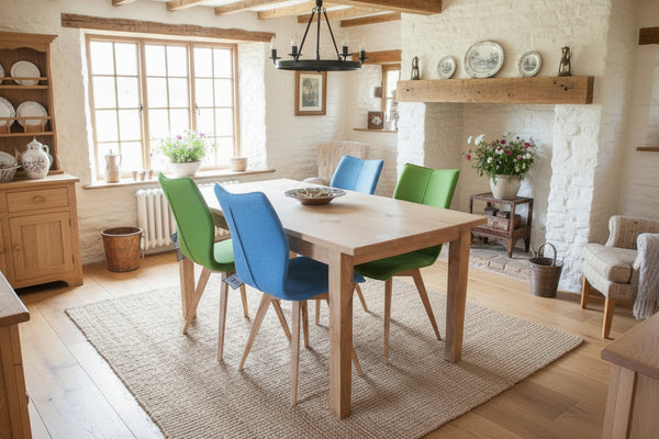 Quadpod chairs with handmade oak farmhouse table in a farmhouse setting