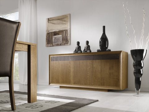An oak 3 door sideboard with glass inserts on the door fronts, Italian contemporar design